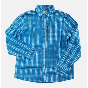 L.L.Bean Shirt M Blue & White Plaid Long Sleeve Tall Rob Button Up Pocket‎
